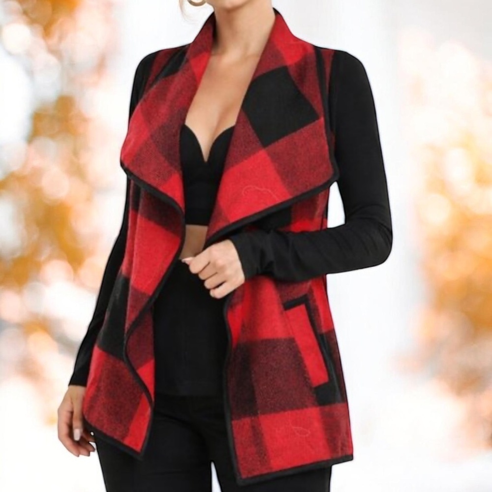 Buffalo Plaid Cardigan Vest Women 3XL Red Black Fall Winter Layering Jacket NWOT